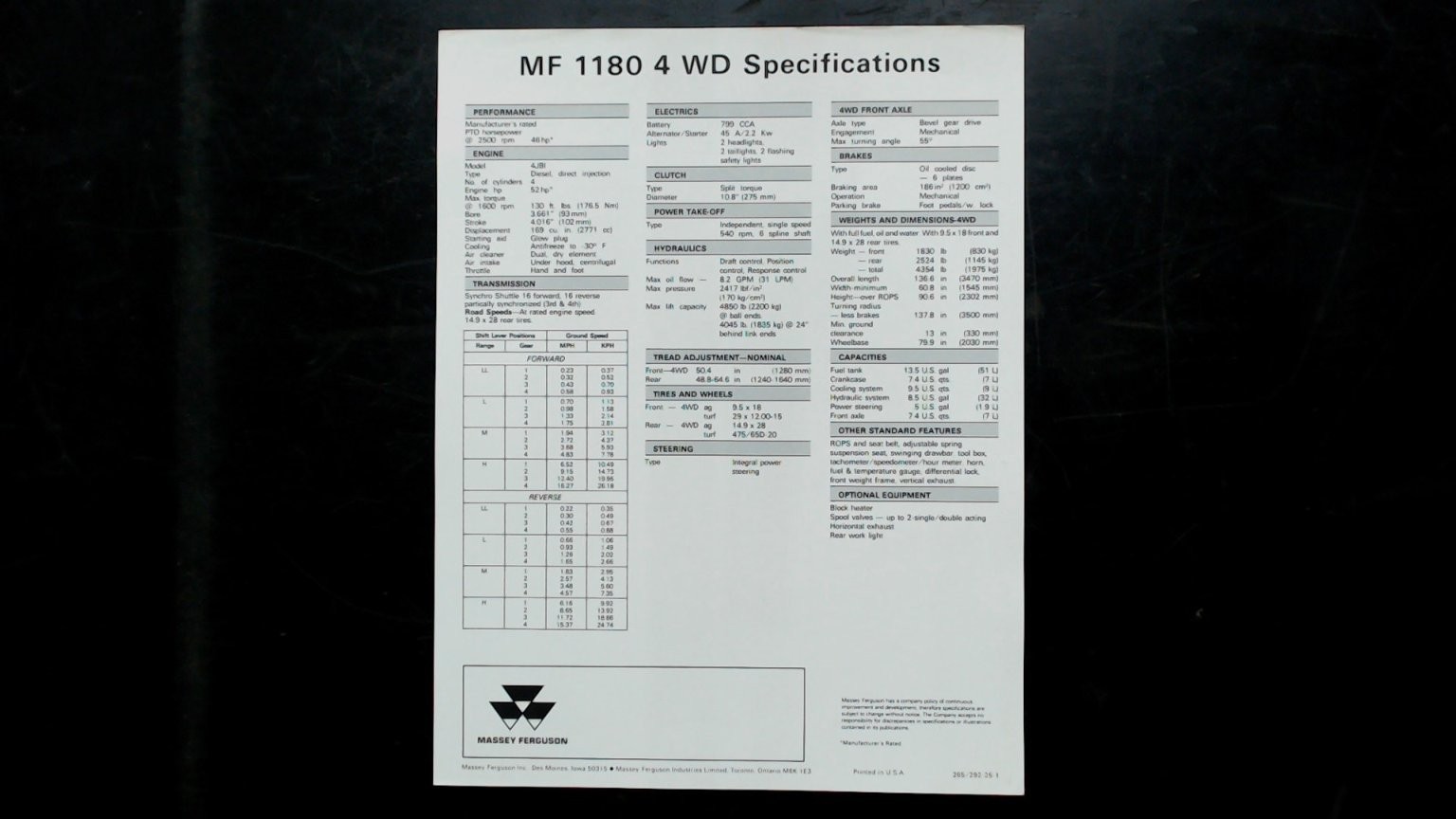 Massey Ferguson 1180 Tractor Brochure Vintage Agriculture Spec Sheet