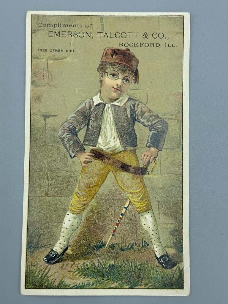 1880s FARM MACHINERY Emerson Talcott MOWER Advertising Trade Card ROCKFORD IL