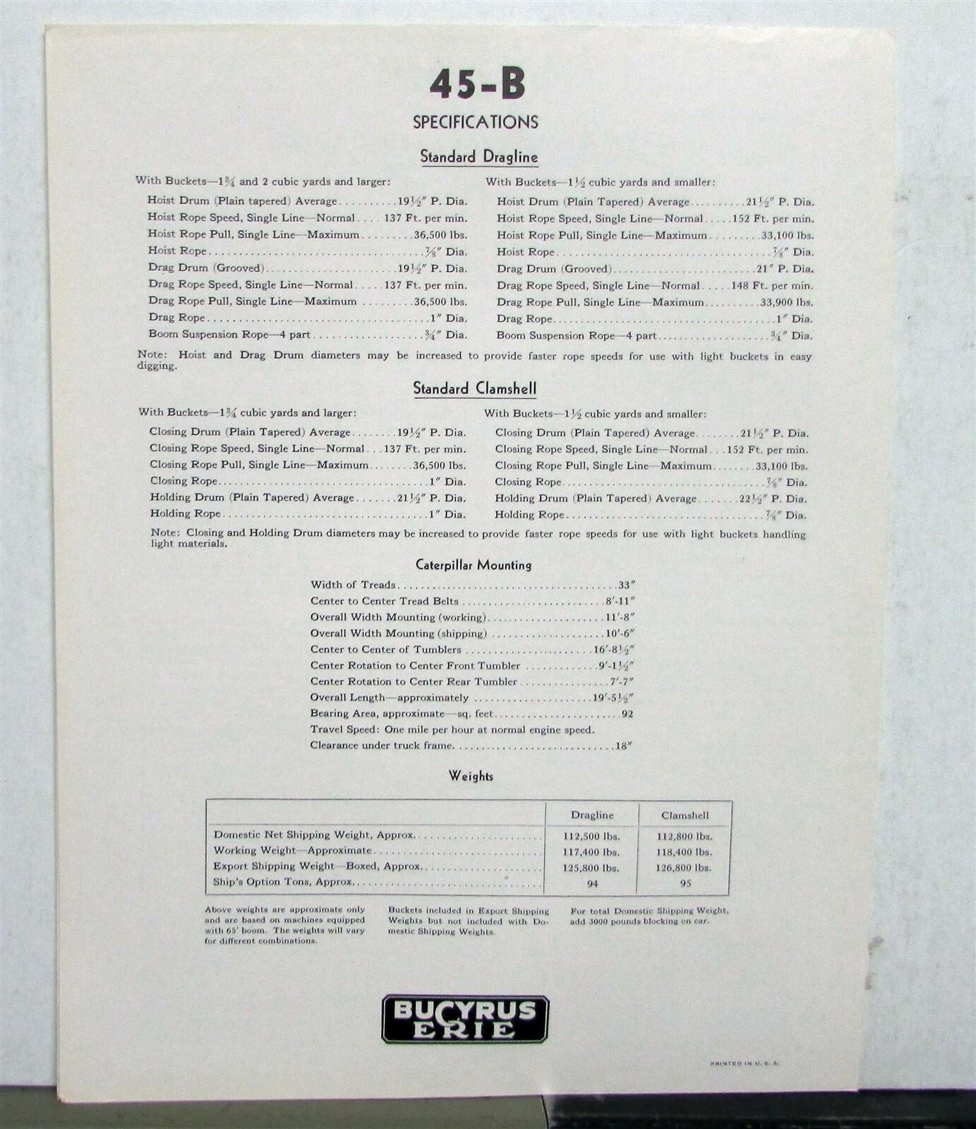 1932 Bucyrus 45B Dragline Clamshell Specifications Construction Sales Folder