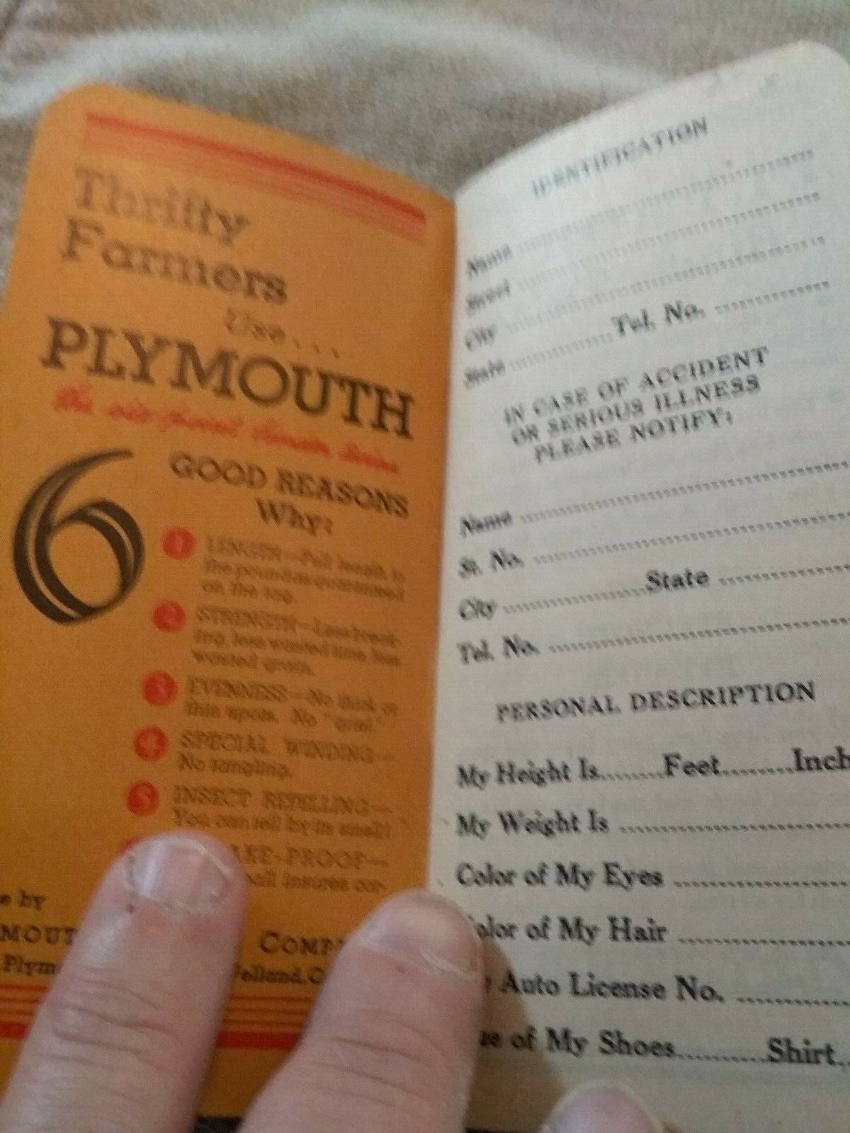 1934-35 Plymouth Binder Twine Memorandum Tractor Record BOOKLET RARE UNUSED
