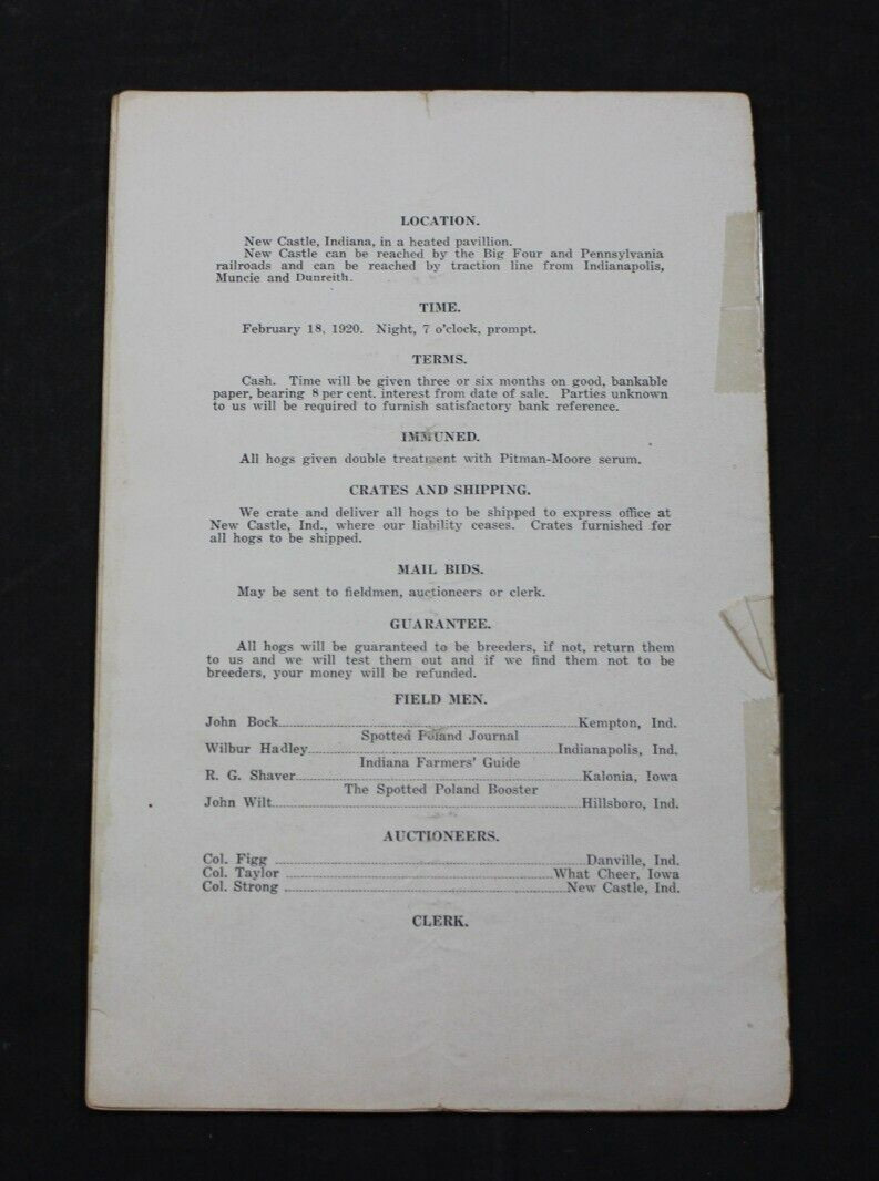 1920 SPOTTED POLAND CHINAS HOG PIG SALE CATALOG ~ NEW CASTLE, INDIANA