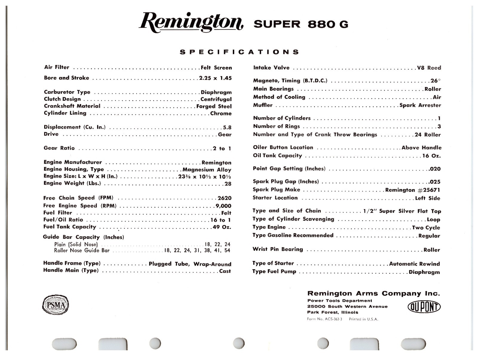 Vintage Original Remington Chainsaws Sales Sheet (Model Super 880 G) Info Sheet