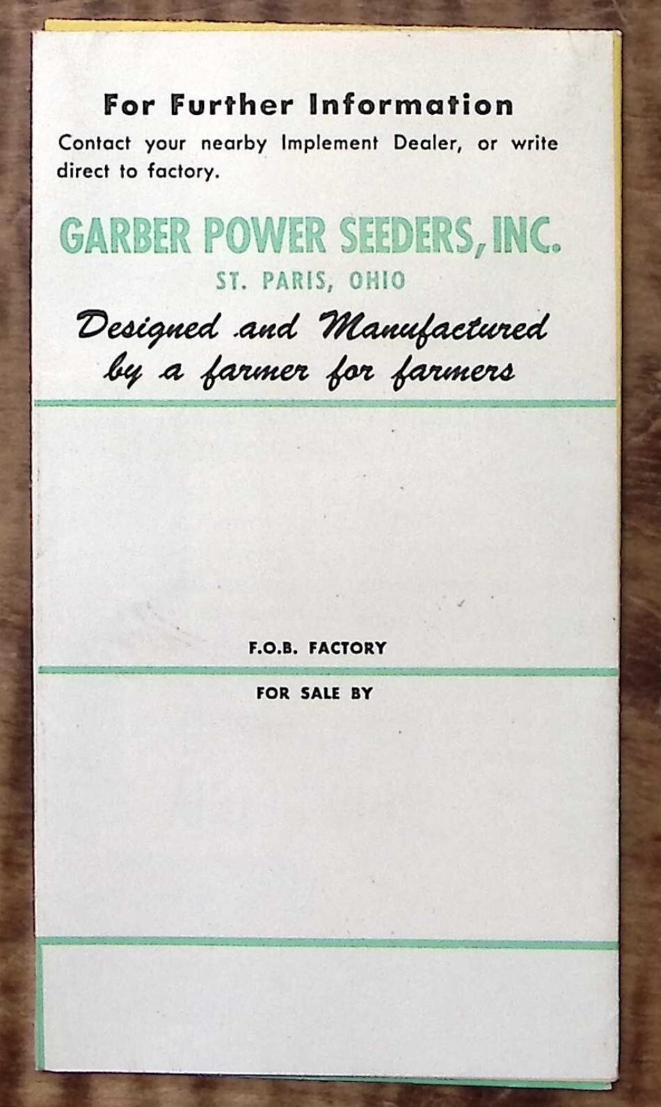 c1950 GARBER POWER SEEDERS TRACTOR MOUNTED ST PARIS OH ADVERTISING FLYER Z6111