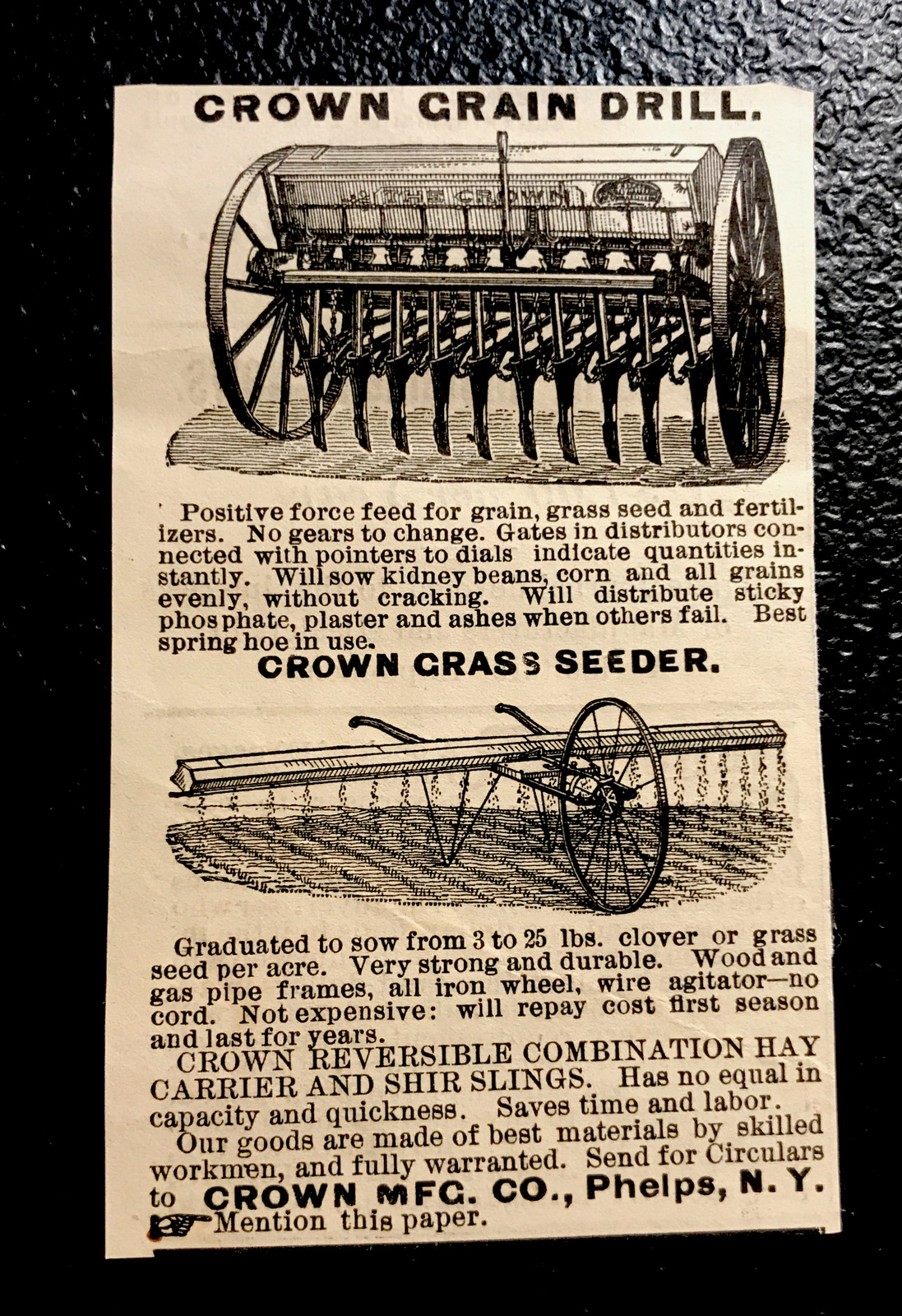 1886 Crown Grain Drill Farm Engraving Advertising – Phelps – New York
