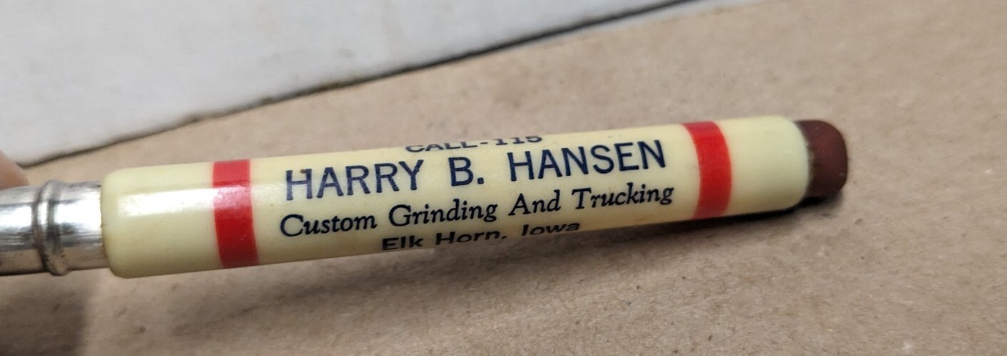 Vintage Harry B. Hansen Grinding And Trucking Phone 115 Elkhorn Ia Bullet Pencil