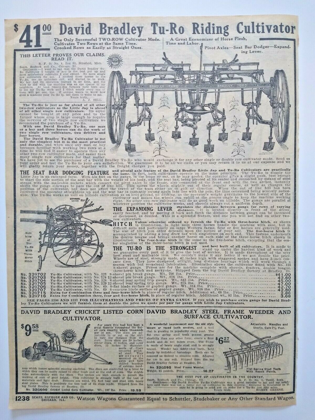 1911 Antique David Bradley Tu-Ro Cultivator Farming Sears Catalog Page Print Ad