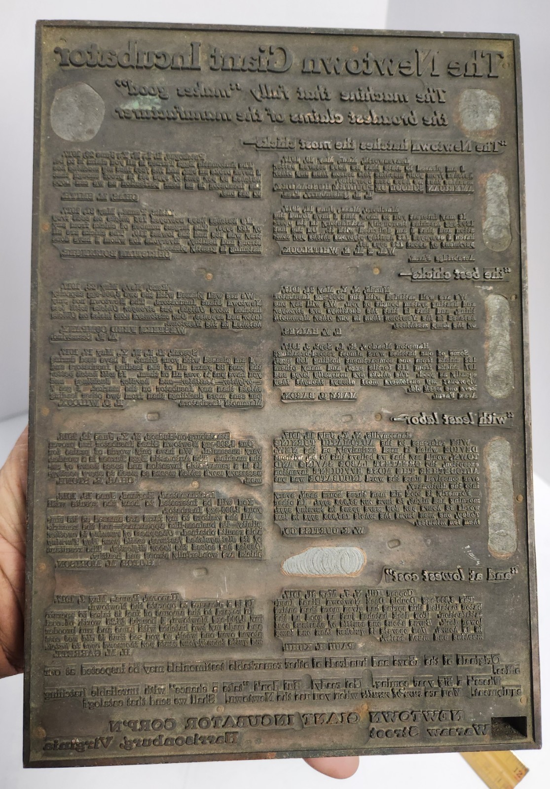 1910&rsquo;s-20&rsquo;s THE NEWTOWN GIANT INCUBATOR Printing Plate For Full Page Ad. 7&Prime;x10&Prime;