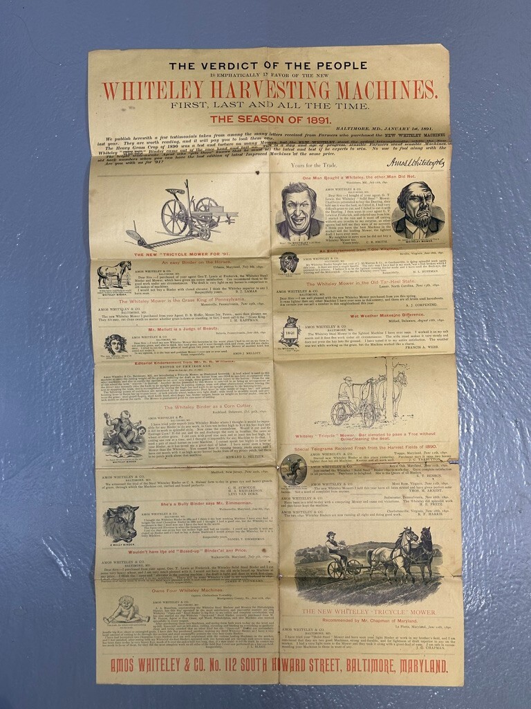 1891 Amos WHITELEY Farm HARVESTING MACHINES Mower Binder Advertising Circular