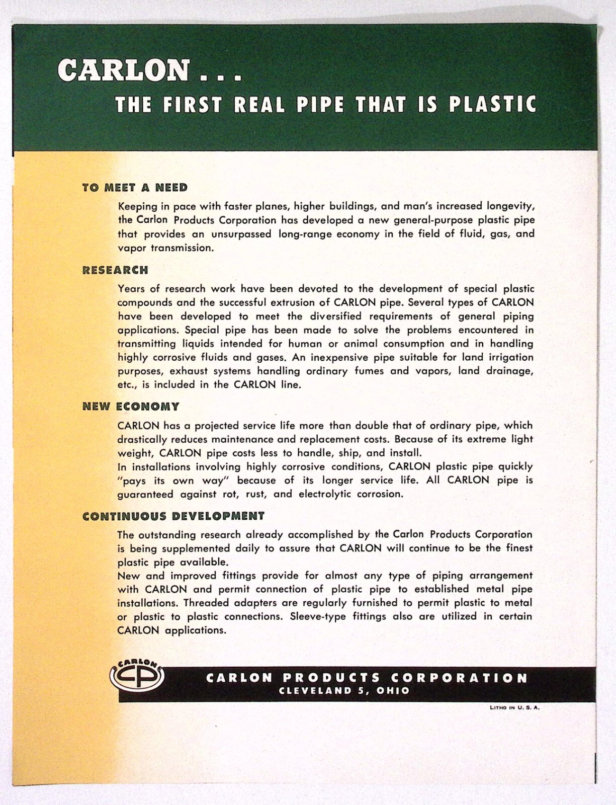 1950s Carlon Plastic Pipe Brochure Carlon Products Corporation Cleveland OH