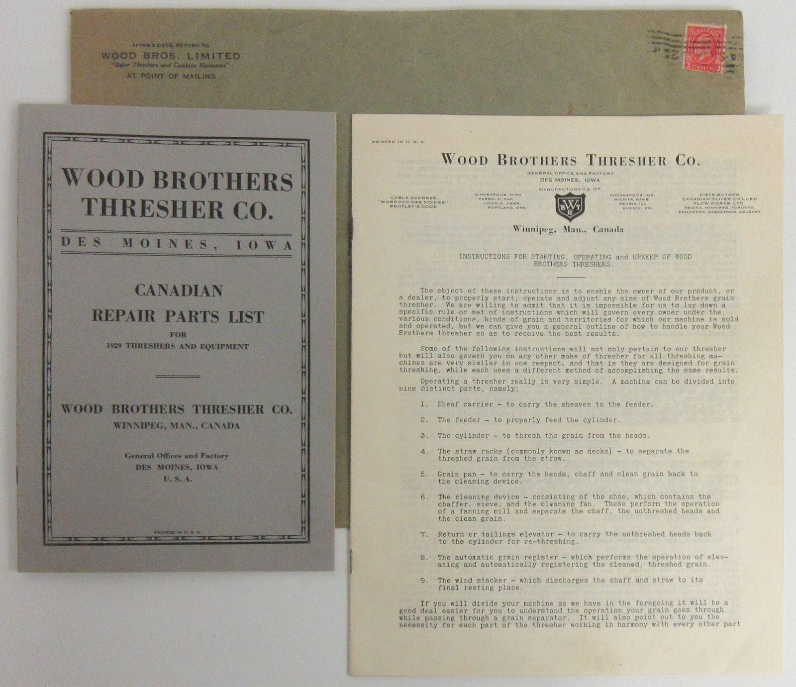 Wood Brothers Thresher Co. Repair Parts List, Instructions & Envelope