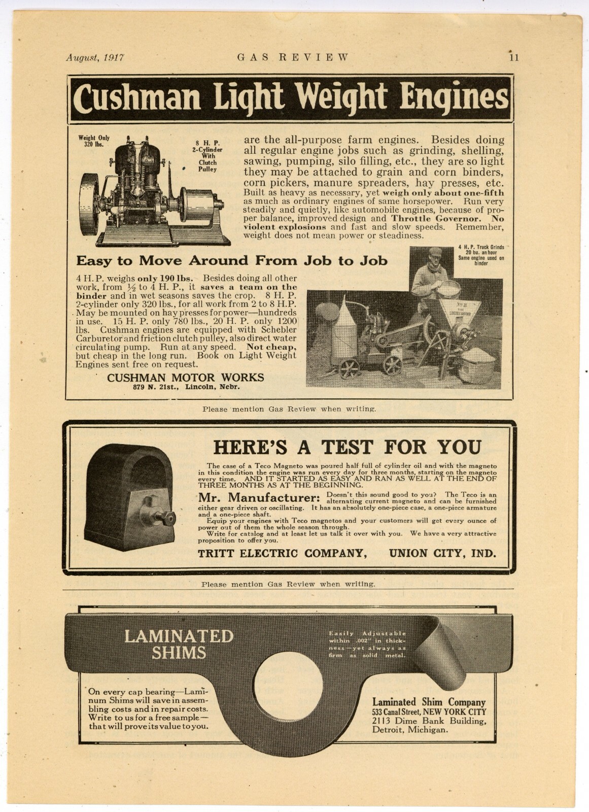 1917 Cushman Motor Works Ad: Light Weight Gas Engines – Lincoln, Nebraska