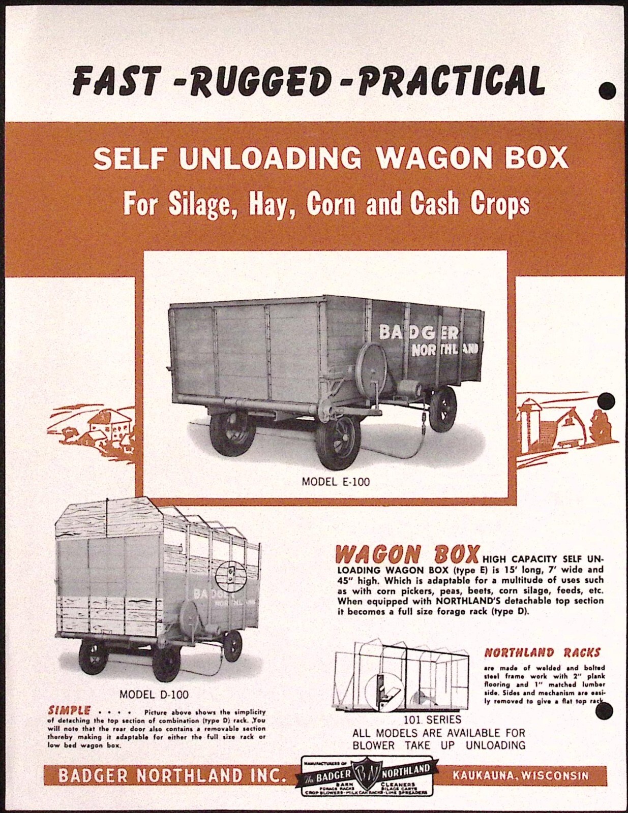 1952 Badger Northland Self Unloading Forage Rack Brochure Kaukauna WI