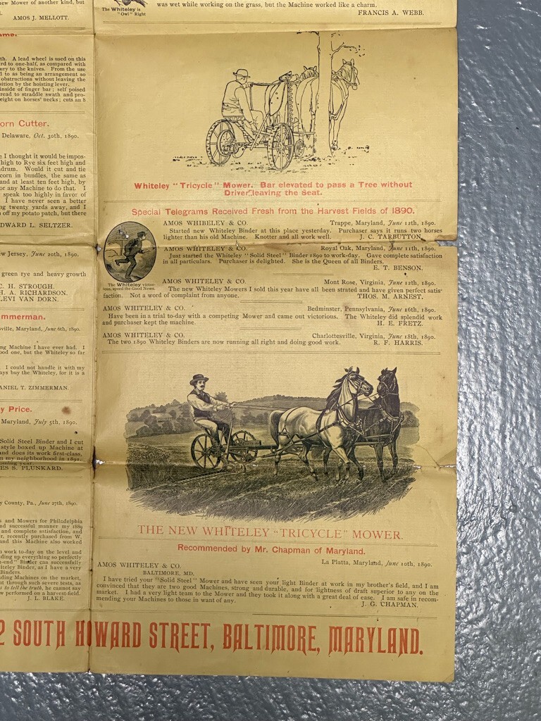 1891 Amos WHITELEY Farm HARVESTING MACHINES Mower Binder Advertising Circular