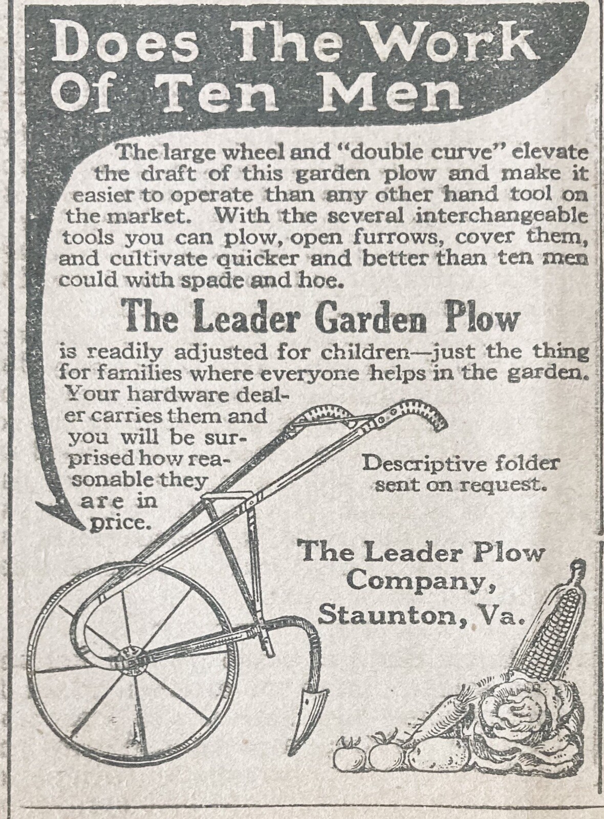 1919 AD.(XH67)~THE LEADER PLOW CO. STAUNTON, VA. THE LEADER GARDEN PLOW