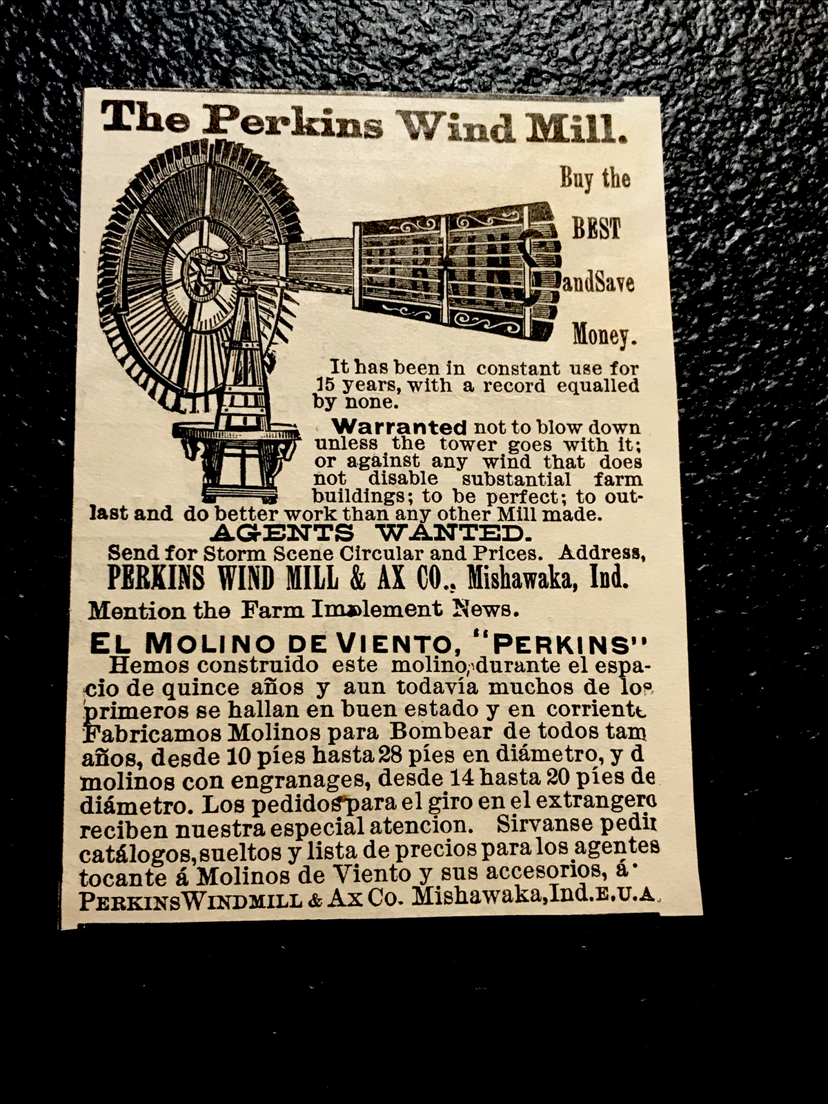 1886 Perkins Wind Mill Farm Engraving Advertising – Mishawaka – Indiana