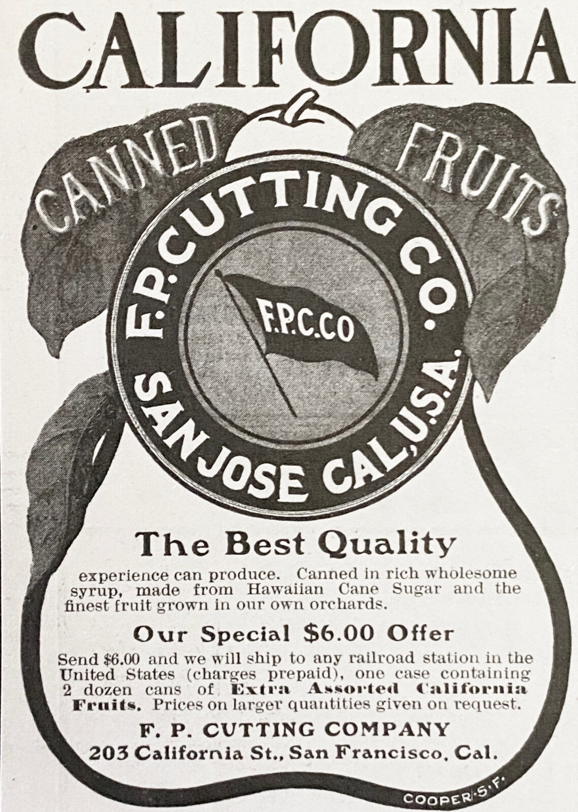 Antique 1904 Print Ad~CALIFORNIA CANNED FRUITS F.P.Cutting Co.San Jose Pear Logo