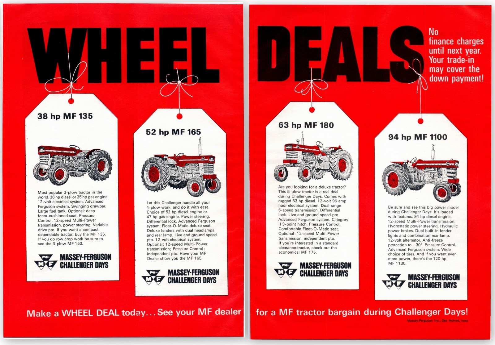 1968 Massey-Ferguson MF 135 165 180 1100 Tractors 60&rsquo;s Vintage 2-Page Print Ad