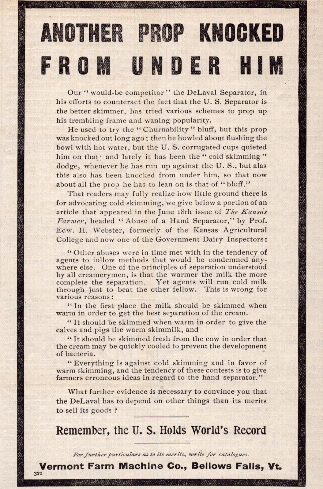 U S Cream Separator Vermont Farm Machine Bellows VT 1903 Vintage Print Ad