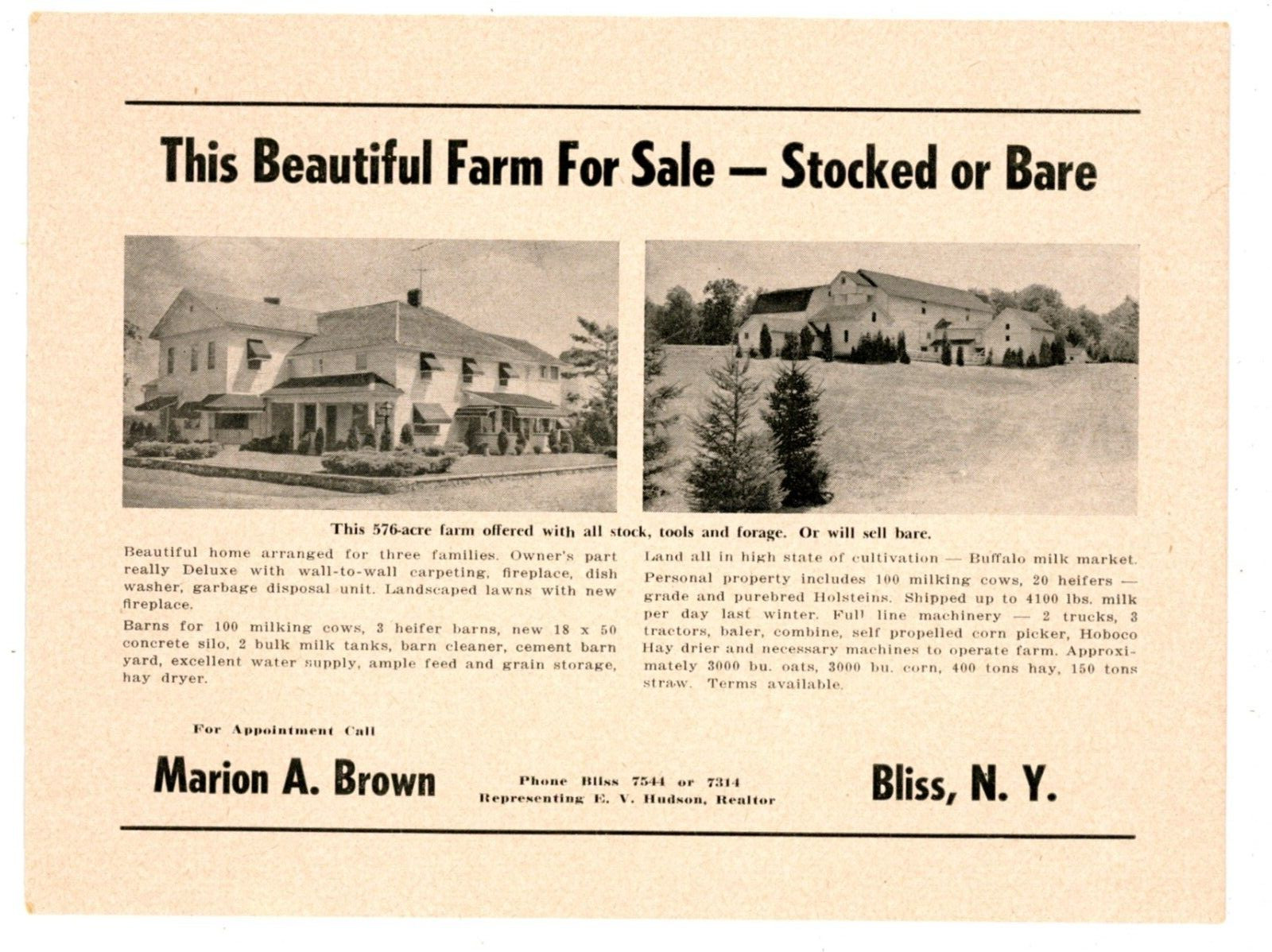 576 acre farm sale advertisement Marion A Brown Bliss Wyoming Co NY