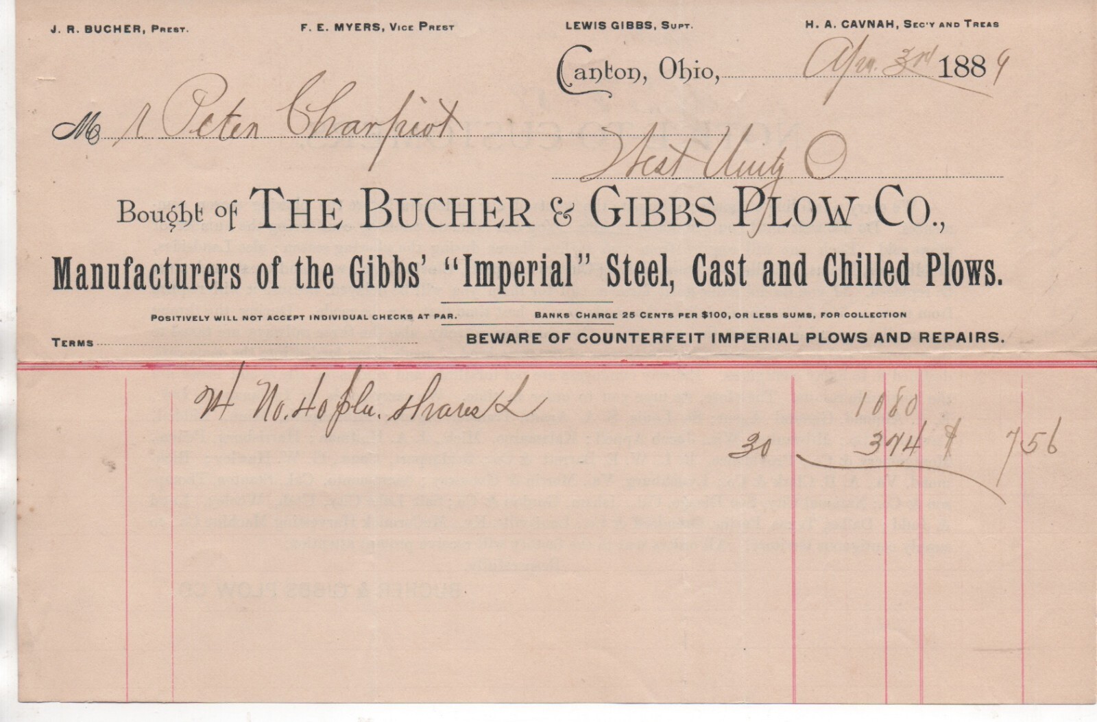 1889 Billhead Bucher & Gibbs Plow Company of Canton Ohio