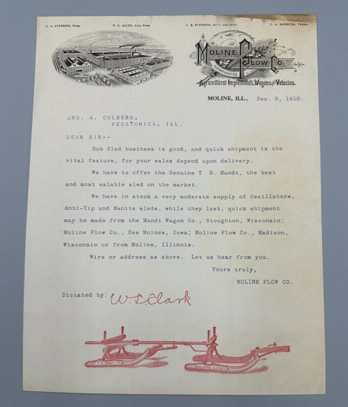 1910 MOLINE PLOW Co MANDT SLEIGH Illustration FARM Advertising Letter Antique