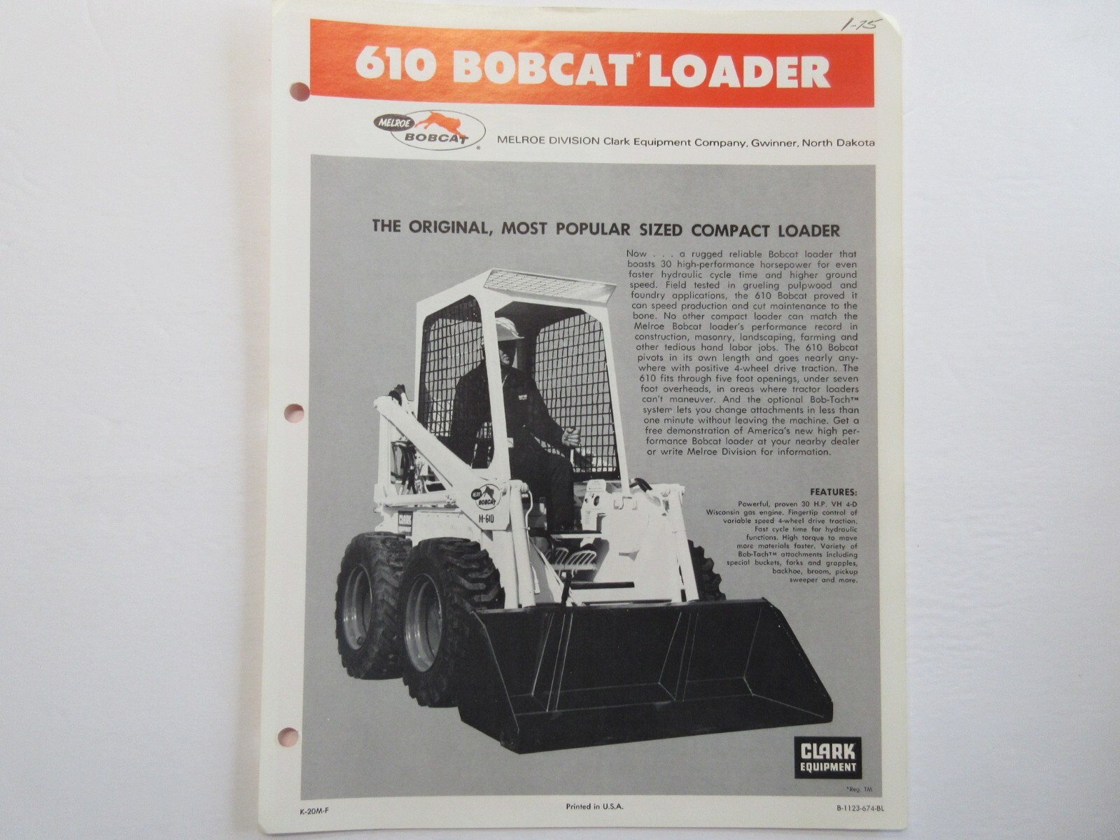 Bobcat 610 Skid Steer Loader Brochure 2 Page