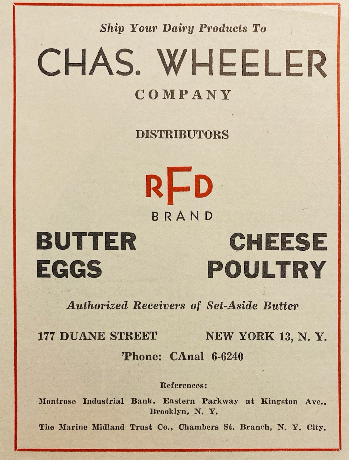 1946 AD.(XH85)~CHAS. WHEELER CO. DUANE ST. NYC. RFD BRAND BUTTER AND CHEESE