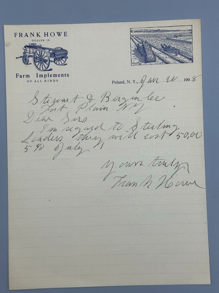1908 FARM IMPLEMENTS Frank Howe Machinery Advertising Letterhead POLAND NY