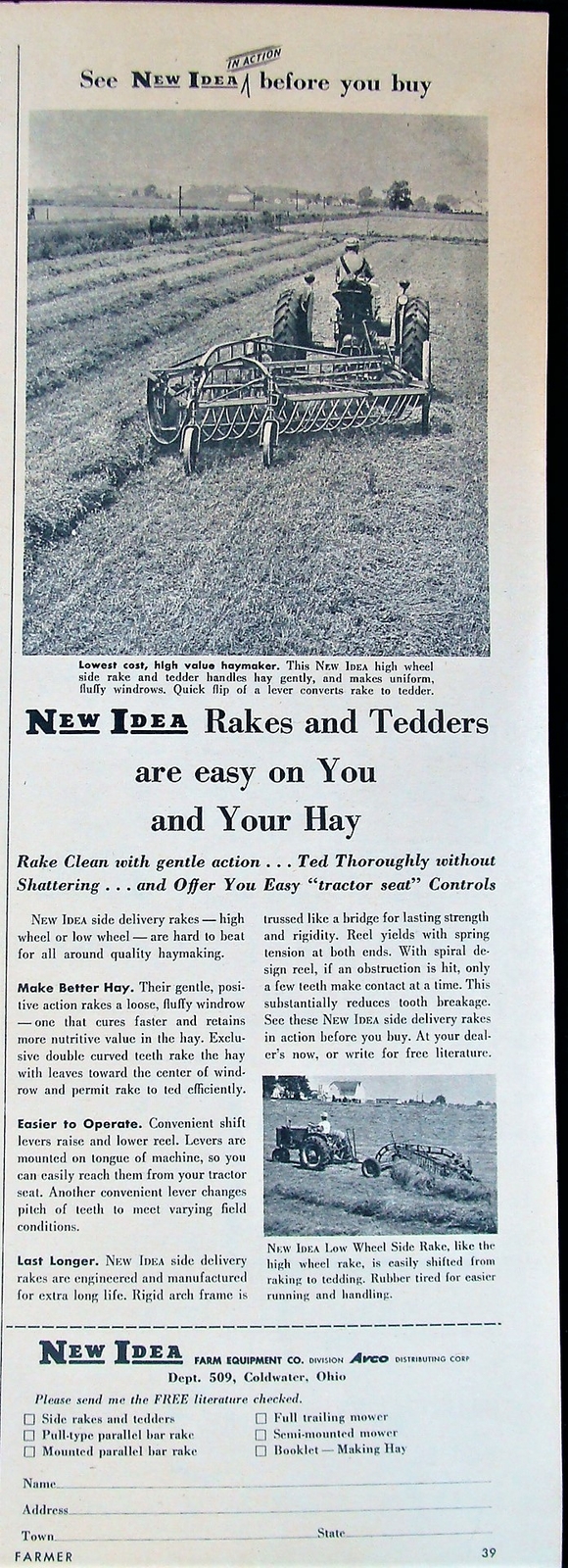 Vtg 1958 New Idea Farm Equipment Rakes & Tedders Photo Artwork Print Ad