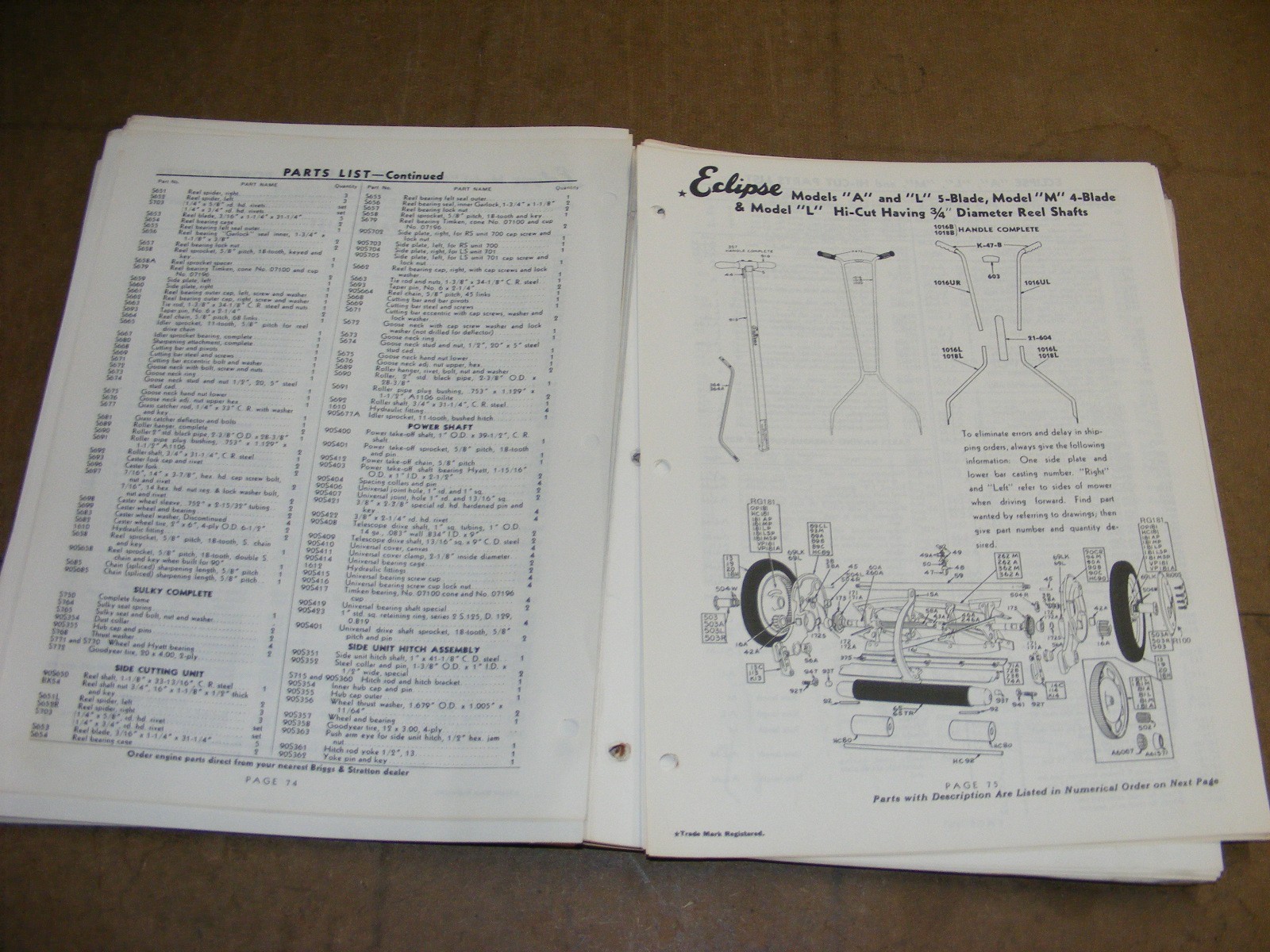 1960s Hahn Eclipse Mower Master Parts Catalog Maintenance Manual