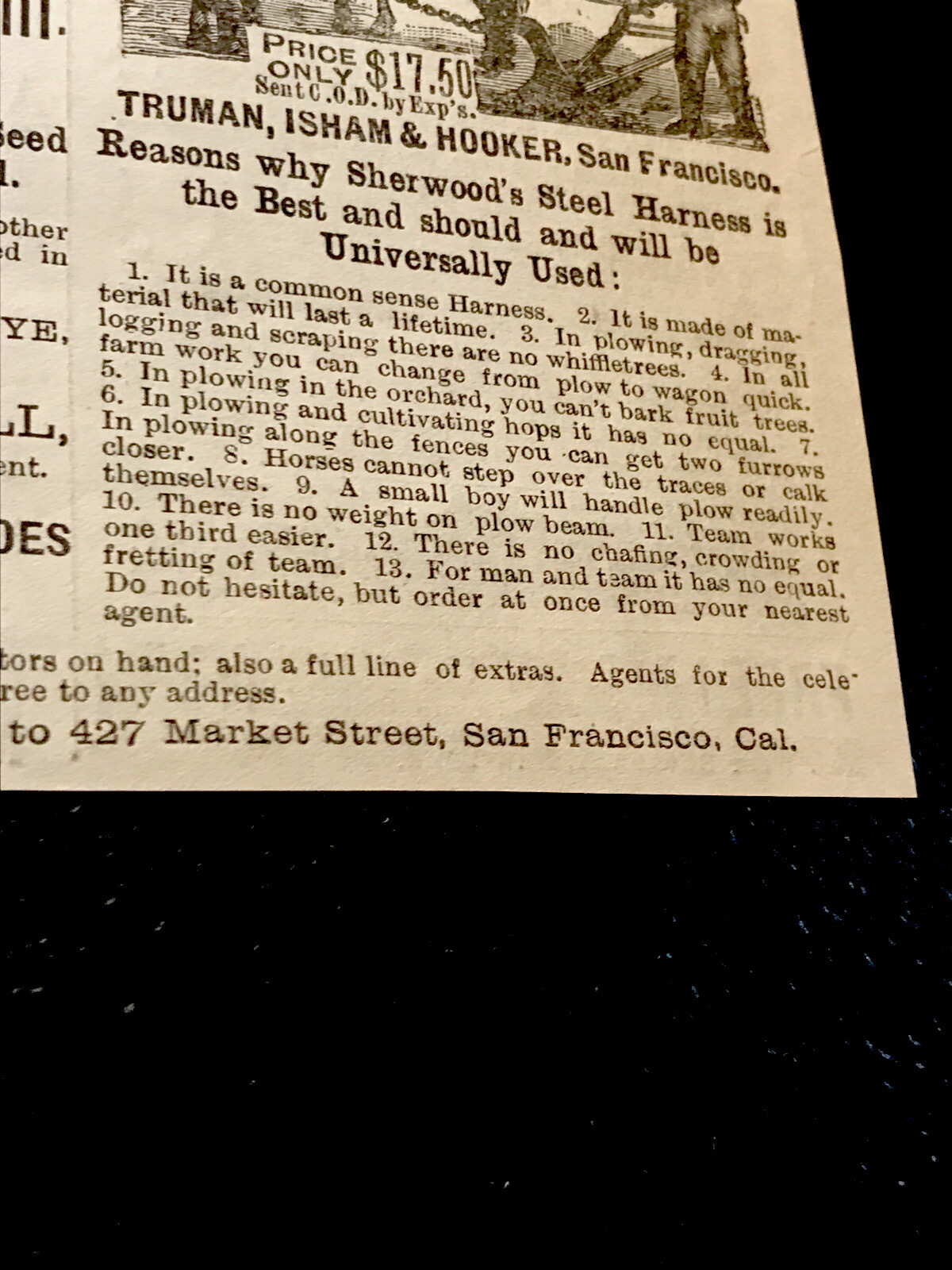 1886 Truman, Isham & Hooker Farm Implement Advertising – San Francisco – CA
