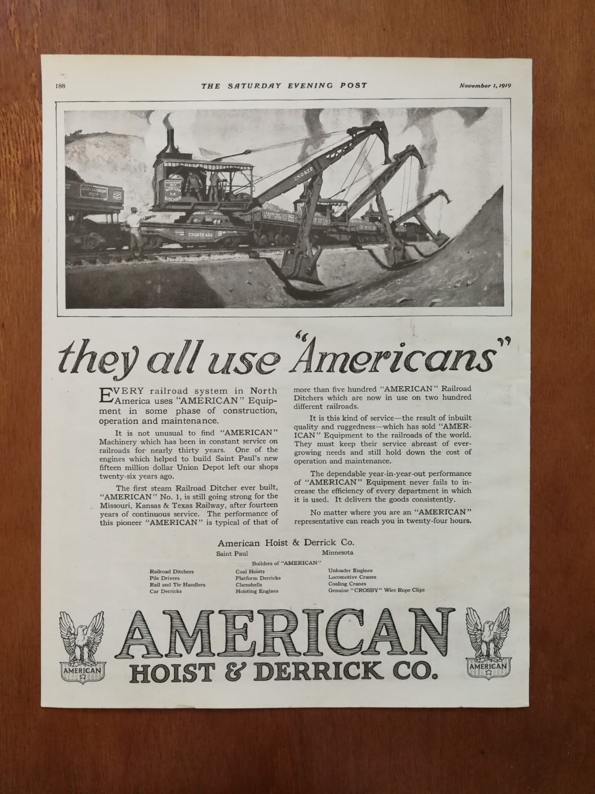 Vintage 1919 American Hoist & Derrick Company Crain Lift Full Page Original Ad