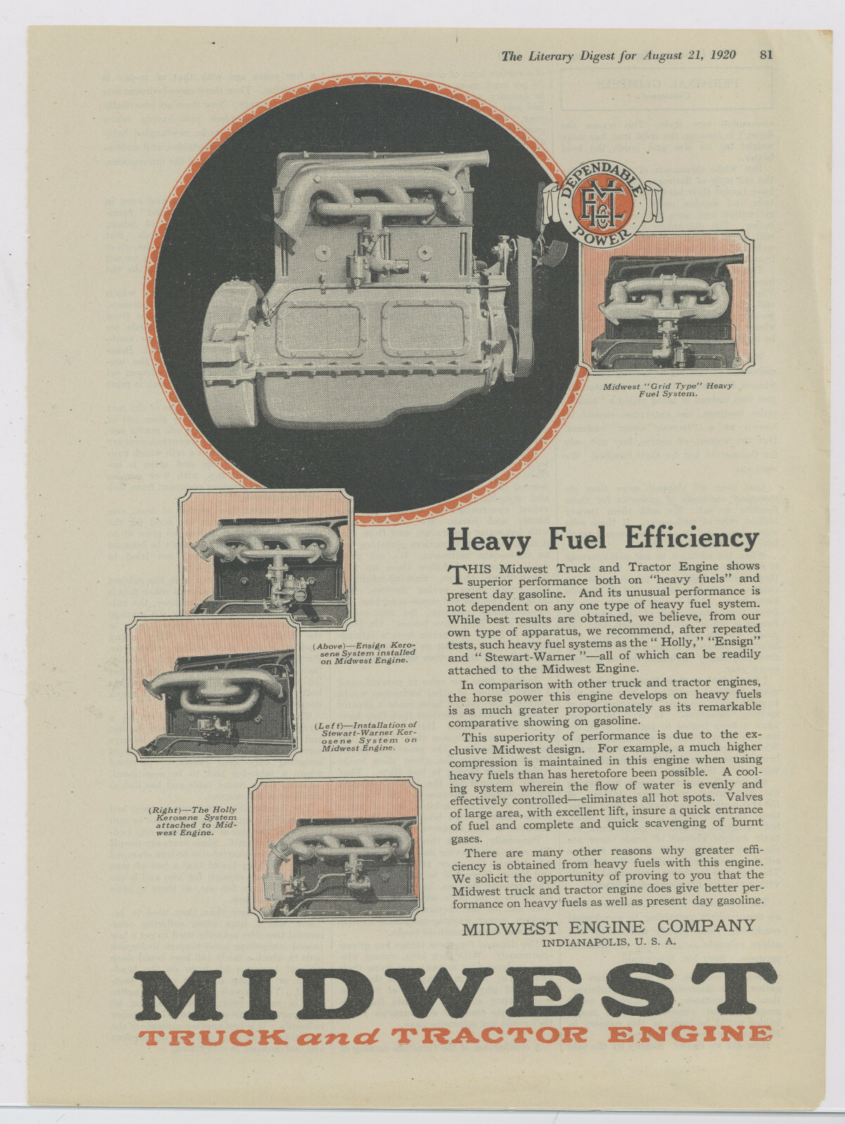 1920 Midwest Truck & Tractor Engines Advertisement:Holly, Stewart Warner, Ensign