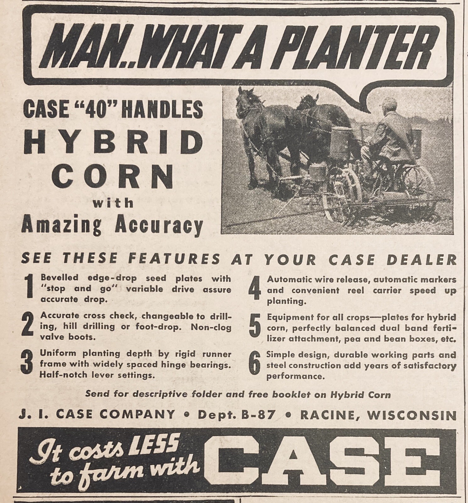 1938 AD.(XG1)~J.I. CASE CO. RACINE, WIS. CASE “40” CORN PLANTER