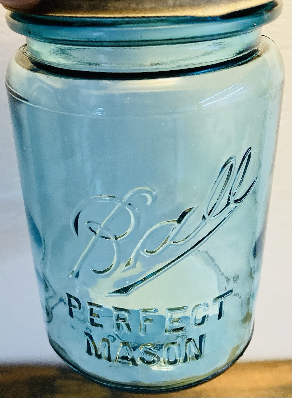 BLUE PINT C.1910-23 BALL “PERFECT MASON” JAR #9~5.25”H IN VG CONDITION