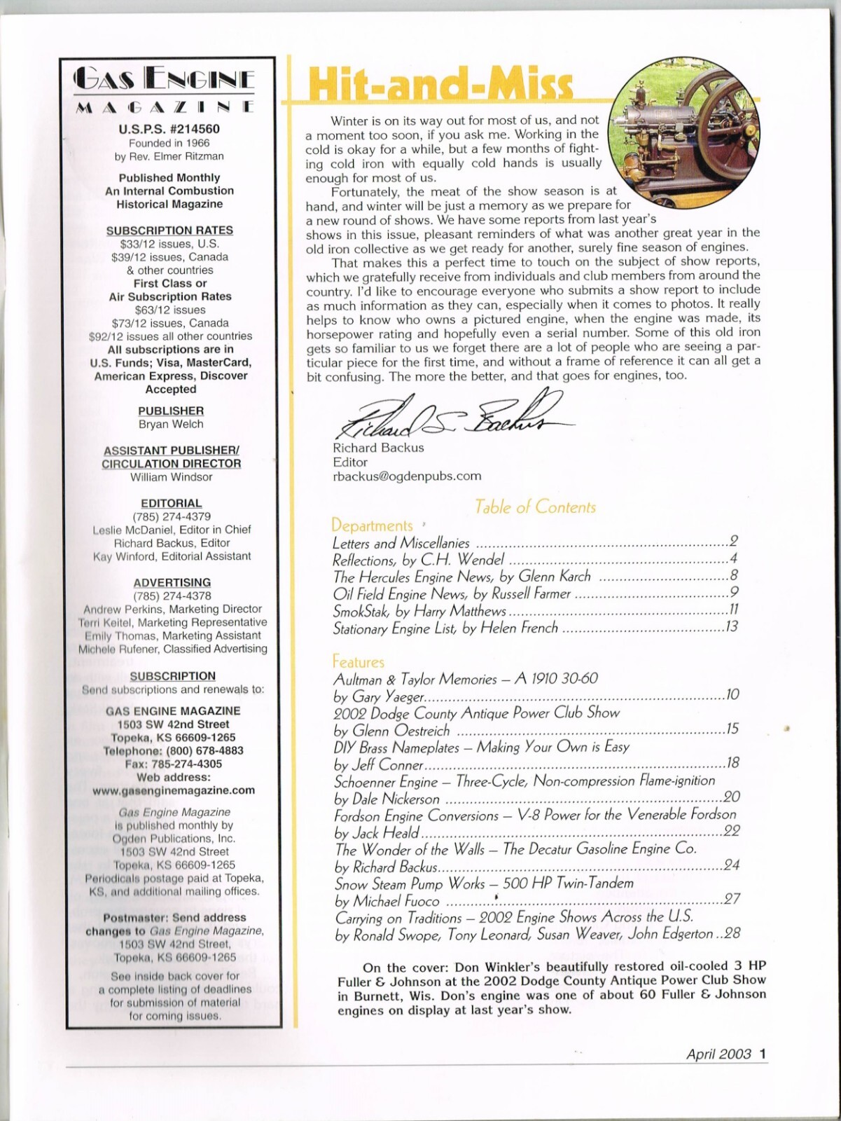 GAS ENGINE magazine April 2003, Fuller & Johnson, Walls engine