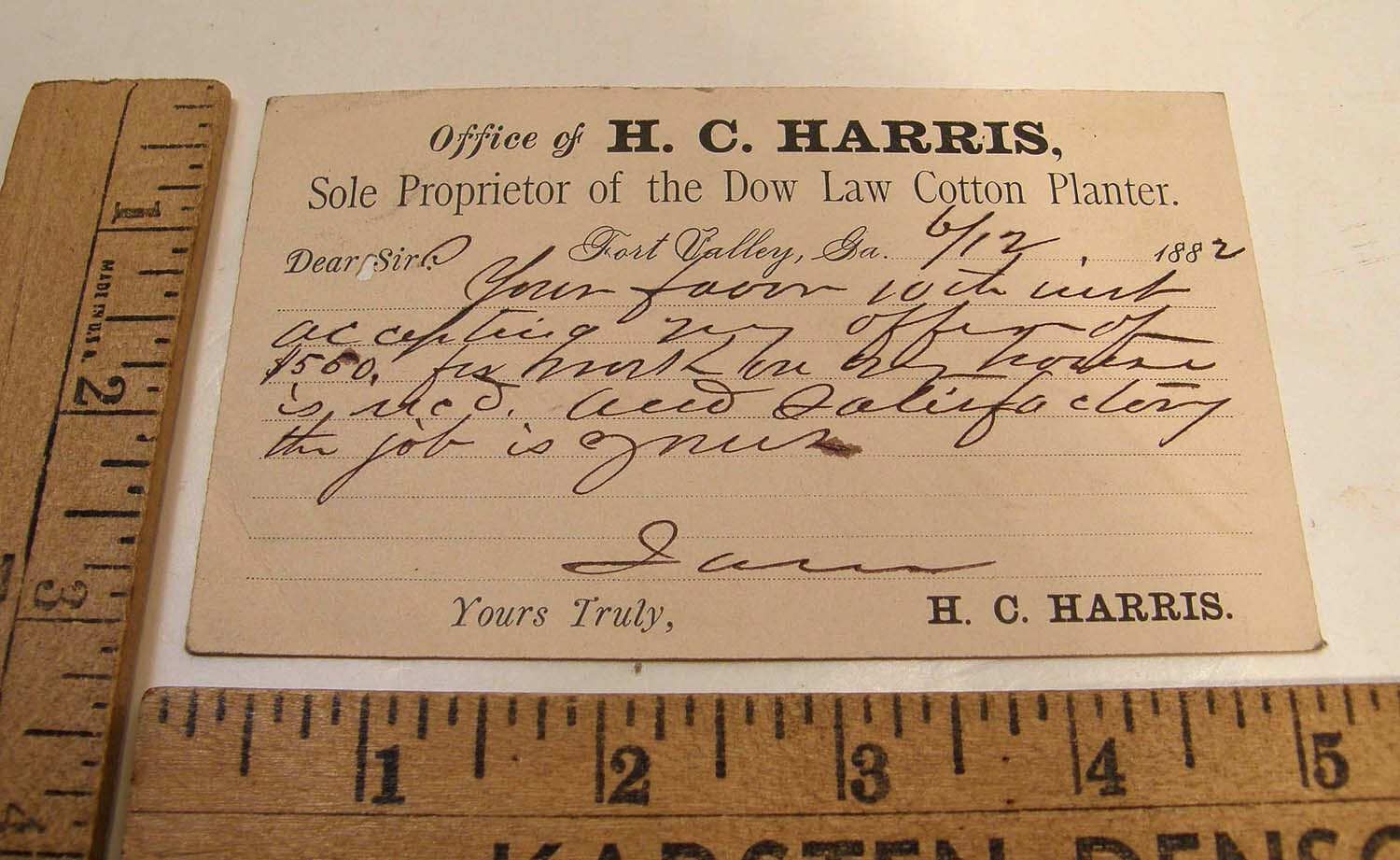 ANTIQUE 1882 POSTCARD H C HARRIS DOW LAW COTTON SEED PLANTER FORT VALLEY GA