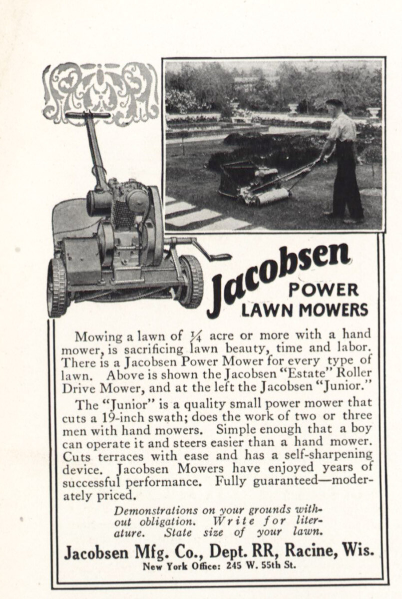 1928 Jacobsen Power Lawn Mowers: Mowing a Lawn Vintage Print Ad