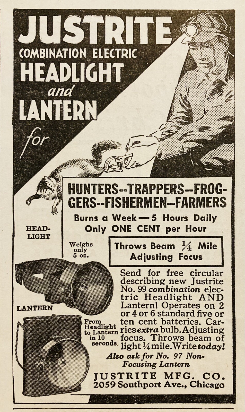 1933 AD.(XH82)~JUSTRITE MFG. CO. CHICAGO. JUSTRITE HEADLIGHT AND LANTERN~