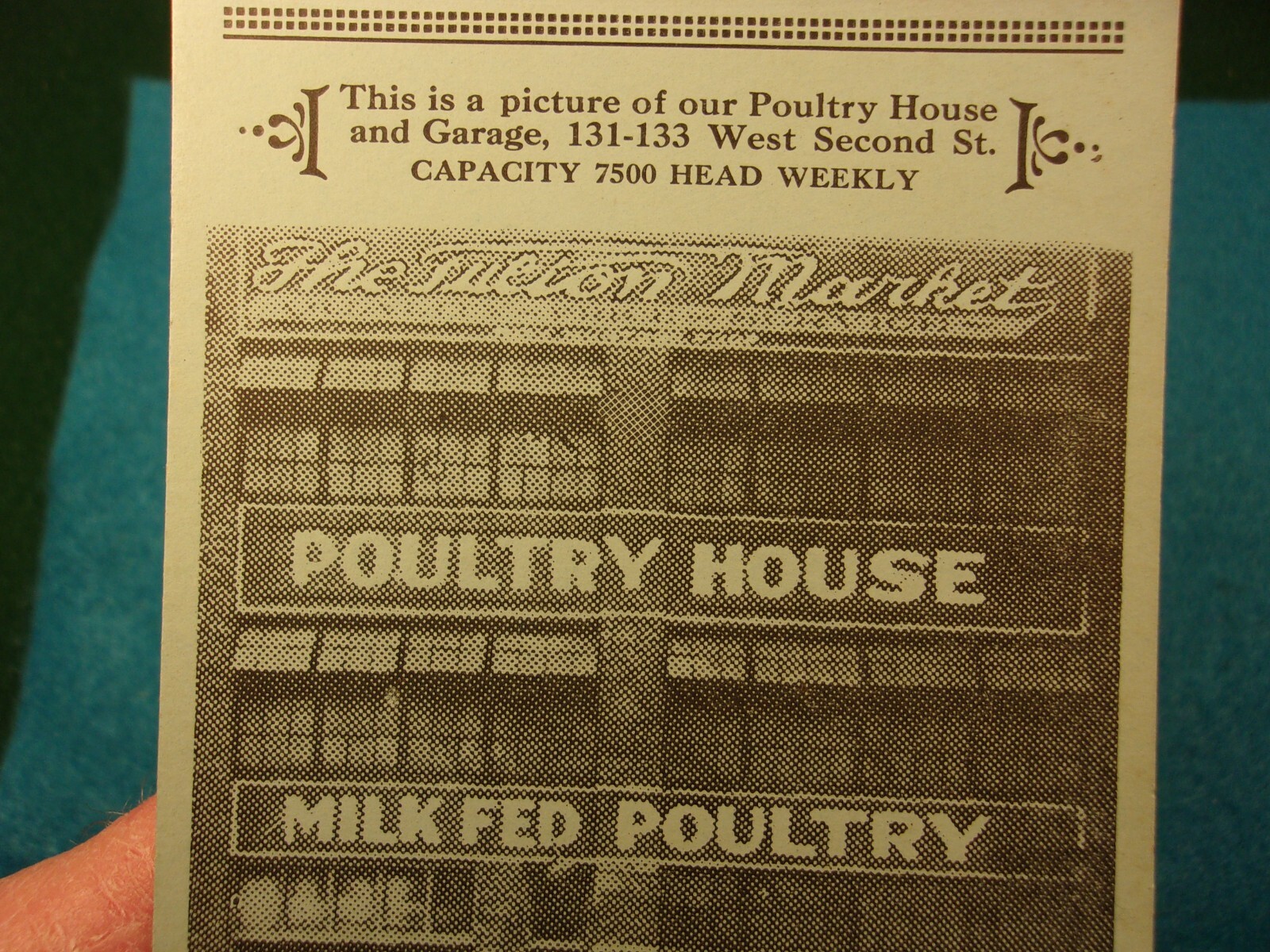 AWESOME ANTIQUE ADVERTISING CARD: THE FULTON MARKET, MILK FEED POULTRY, CHICAGO