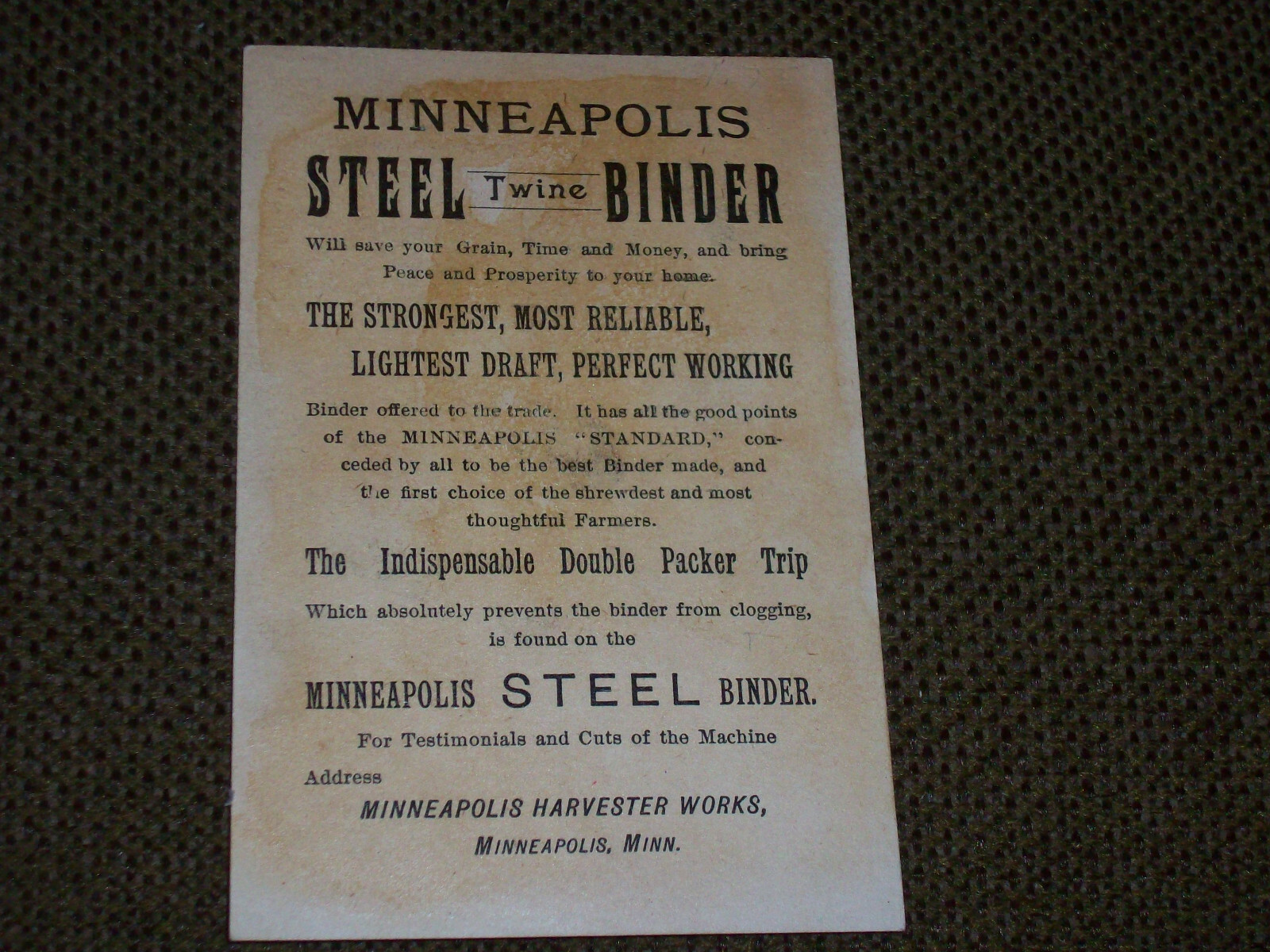 1890&rsquo;s Minneapolis Harvester Works Advertising Trade Card Steel Twine Binder MN