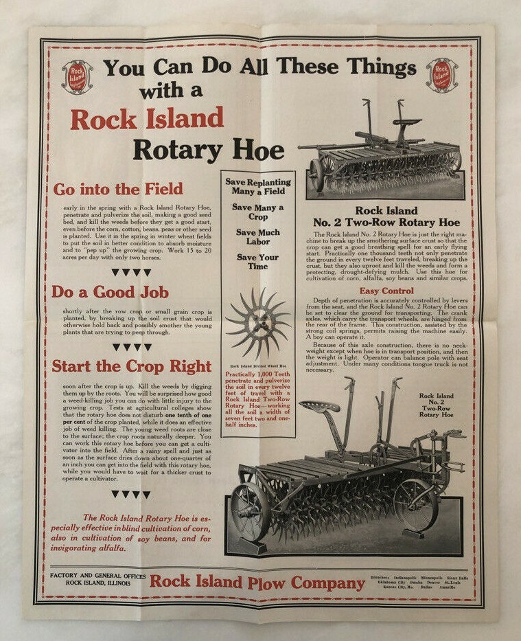 1930 ROCK ISLAND PLOWS Rotary Hoe FARM ADVERTISING Antique Brochure Poster