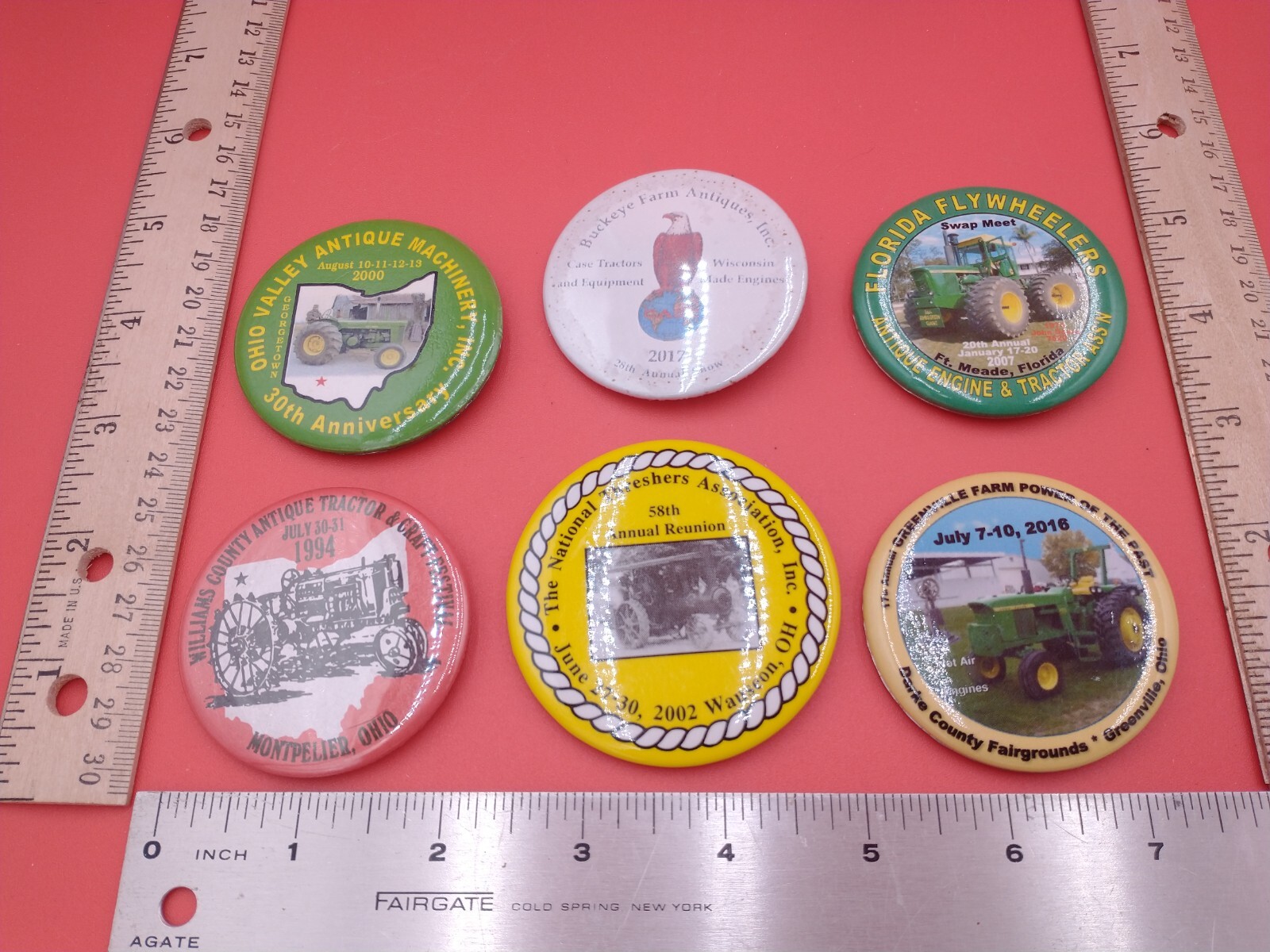 Lot of 6 various pinback buttons. Threshers, antique farm, tractors, Ag #1380