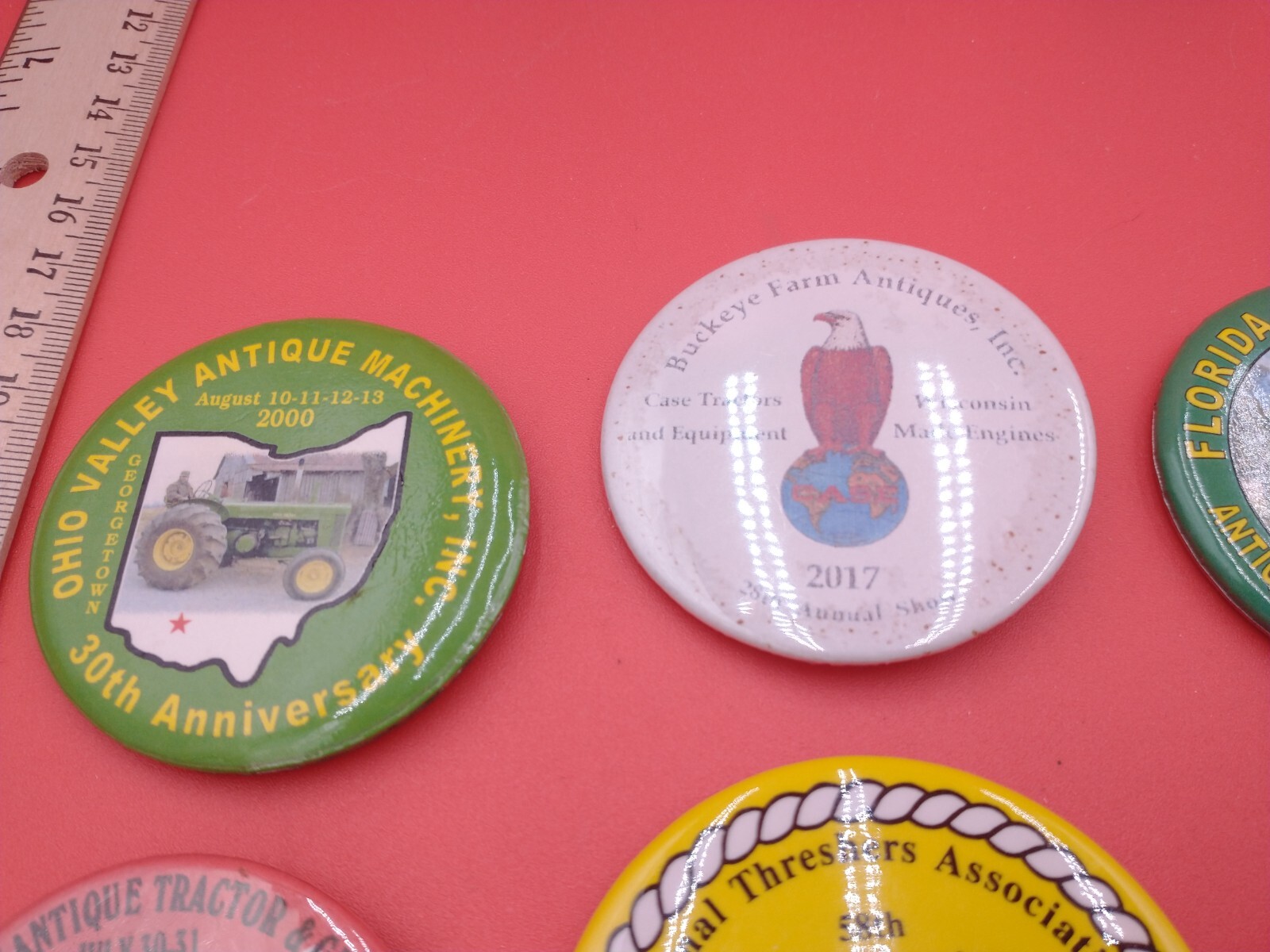 Lot of 6 various pinback buttons. Threshers, antique farm, tractors, Ag #1380