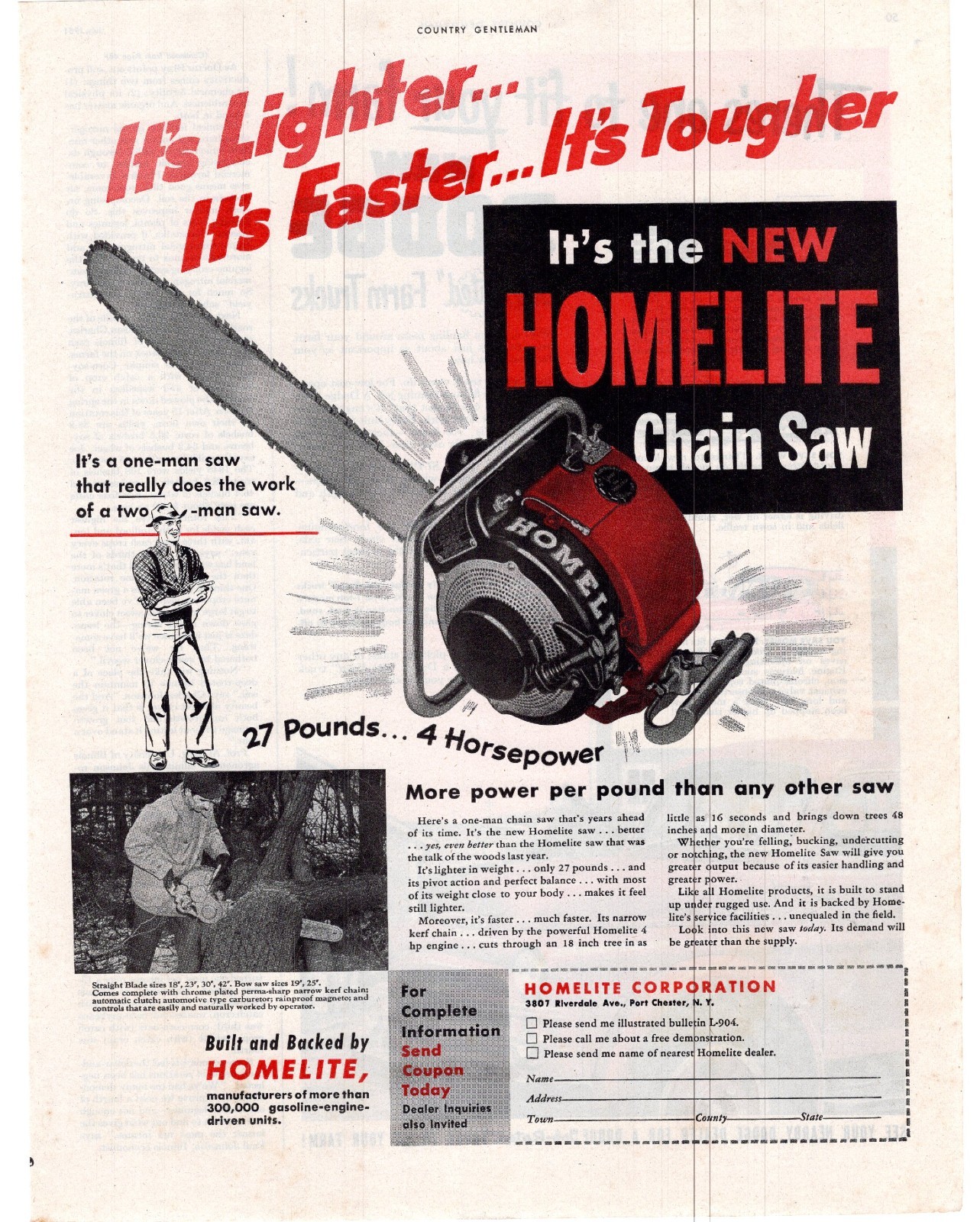 1951 Homelite &lsquo;It&rsquo;s Lighter It&rsquo;s Faster It&rsquo;s Tougher!&rsquo; Chain Saw Print Ad