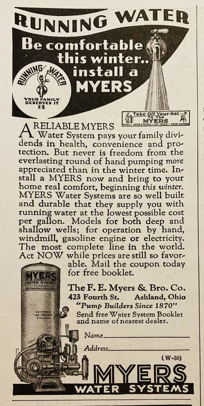 1936 AD.(XH82)~F.E. MYERS CO. ASHLAND, OHIO. MYERS FARM WATER SYSTEMS