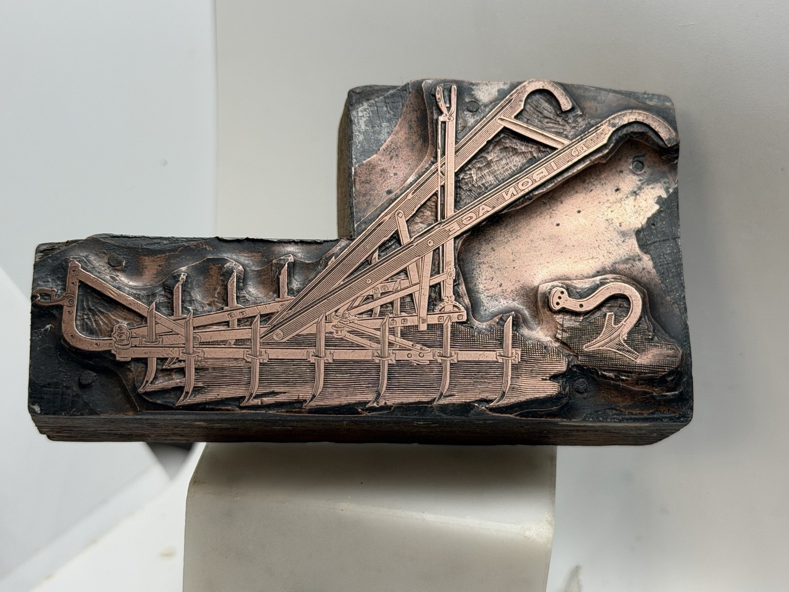 Antique Bateman Iron Age Copper & Wood Print Block Horse Cultivator