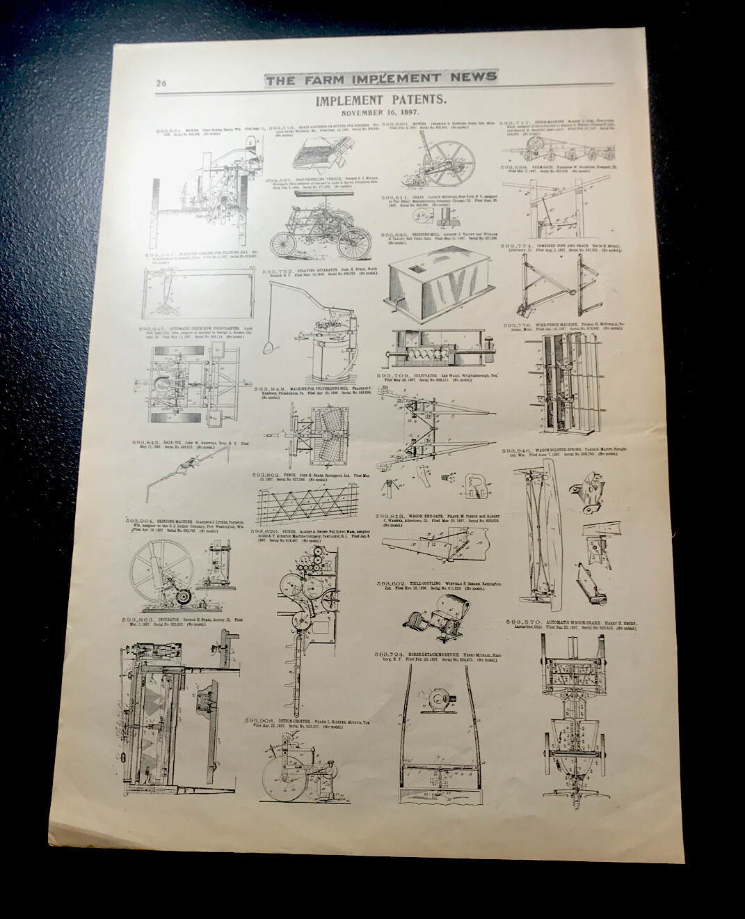 ORIGINAL 1897 Farm Implement Patents Advertising – Double Sided – 10” X 15”
