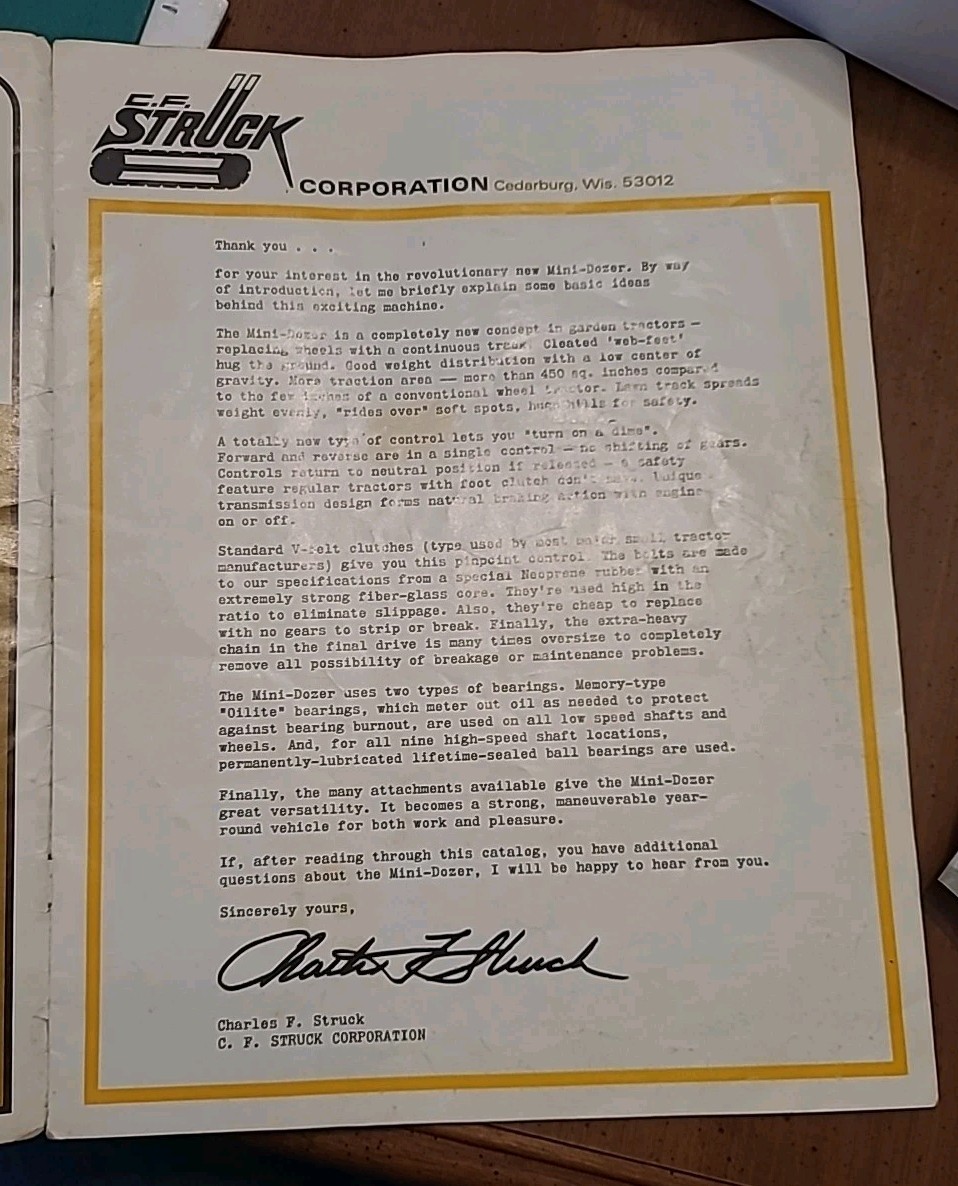 C.F. Struck Corporation Vintage Mini Dozer Brochure. Copyright 1968