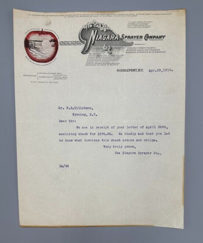 1914 NIAGARA Sprayer Co APPLE Advertising FARM Letter MIDDLEPORT NY Antique
